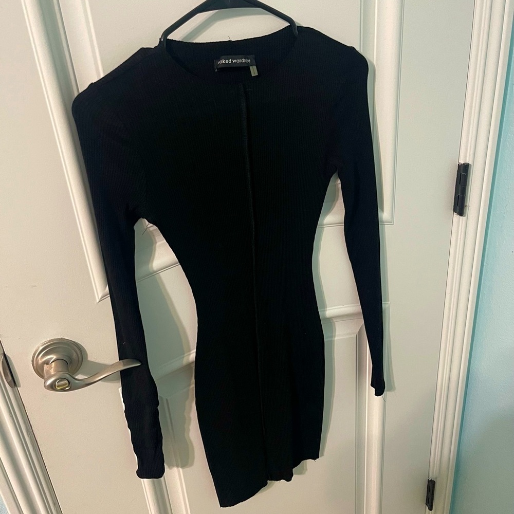 NAKED WARDROBE LONG SLEVE RIB KNITED MINIDRESS SIZE M BLACK